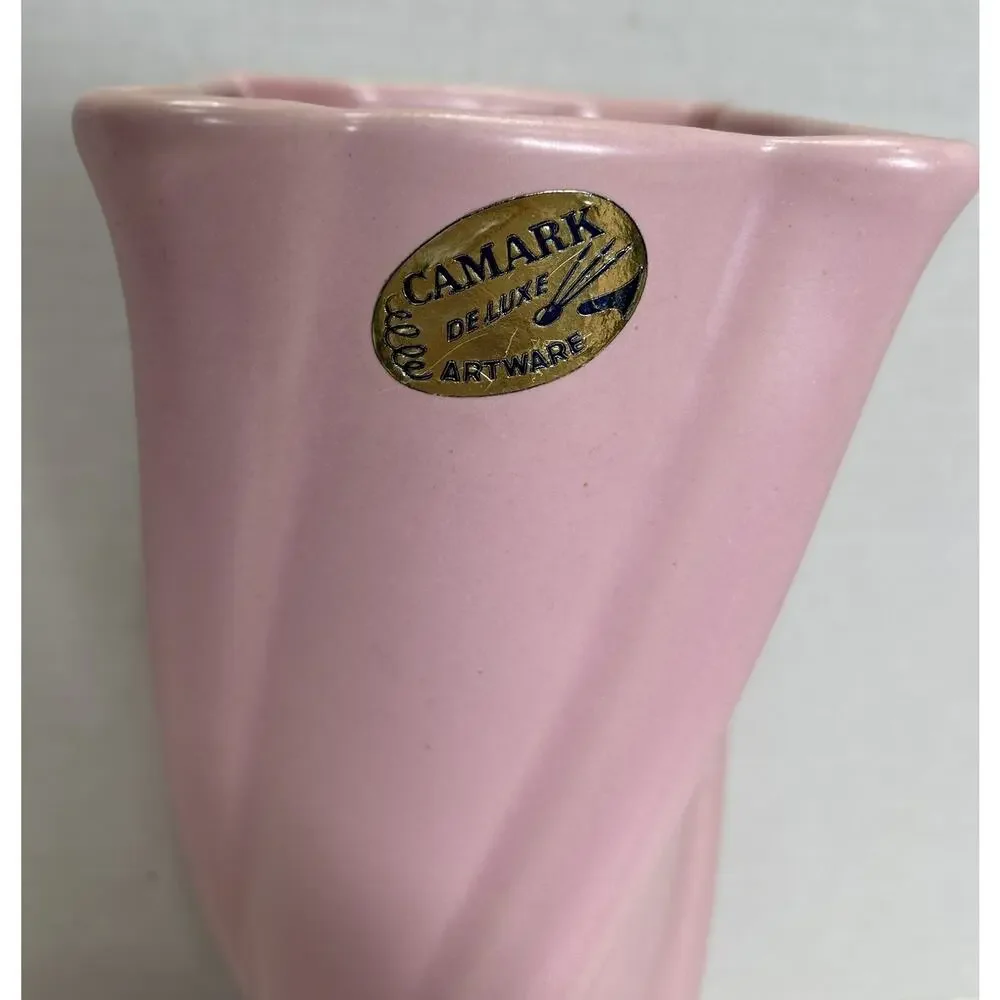 Vtg Camark Deluxe Artware Pottery Matte Pink 9” Vase Ceramic Square Twist Spring